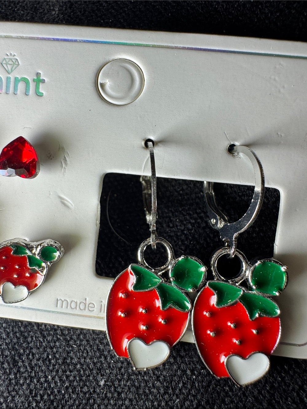 ★ Mint Strawberry Earring Set Heart Gem Studs & Strawberry Hoops - Picture 4 of 4